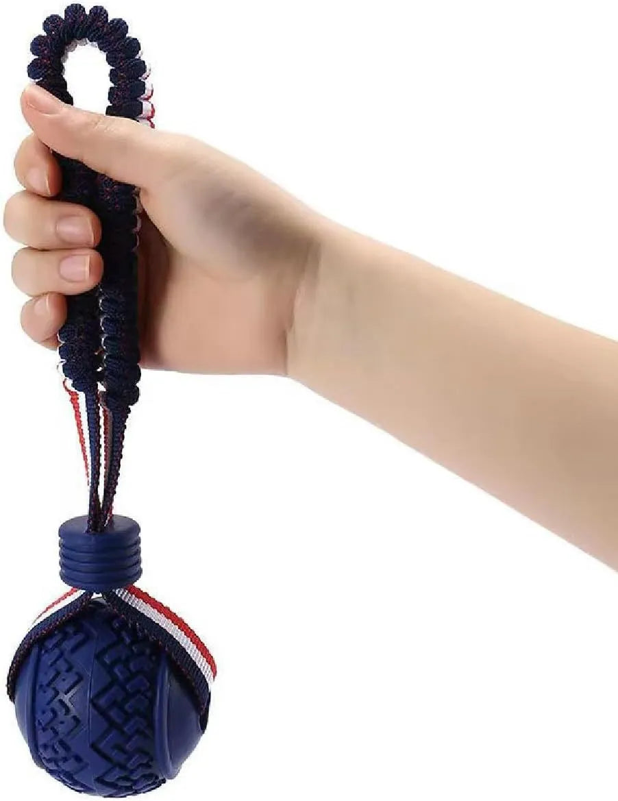 Blue and red natural rubber dog ball with attached rope toy for medium and small breeds.