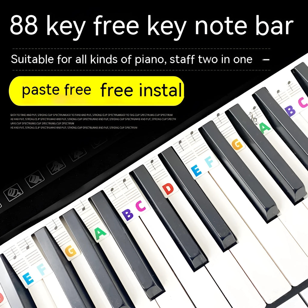 88 key piano note bar keyboard stickers on white card showing black and color note options for music learning