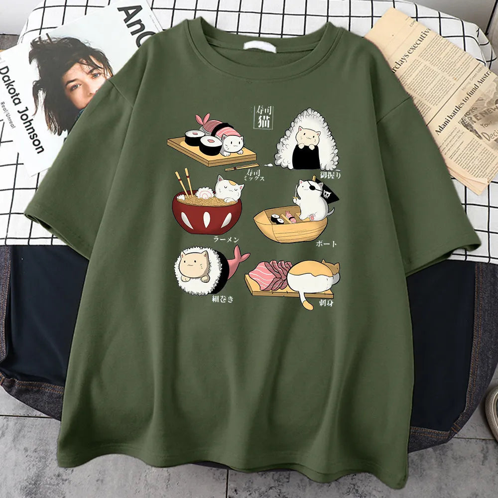 Men's grey Cat Sushi cartoon graphic printed on a loose-fit cotton short-sleeve T-shirt.