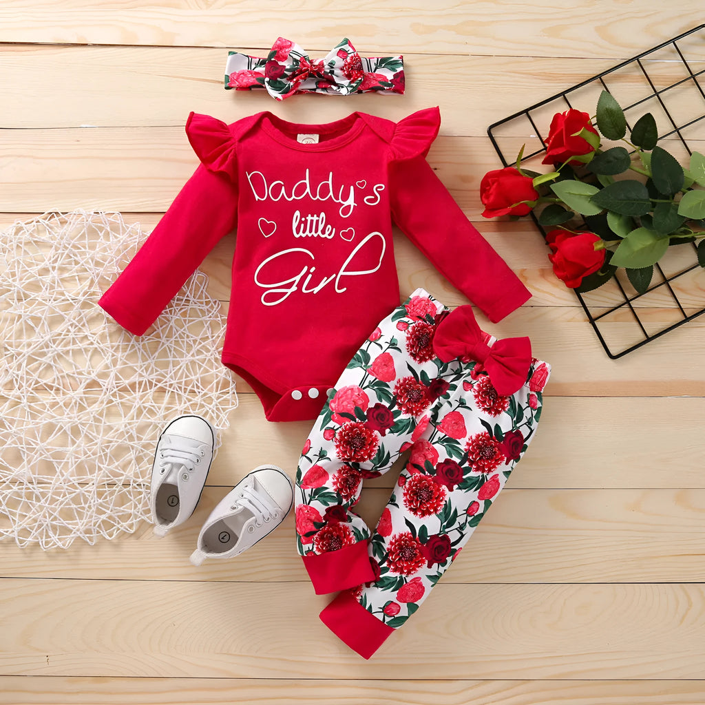 Baby girl long-sleeved alphabet romper suit, cotton three-piece set with top, pants, and ribbon, 70cm to 100cm.