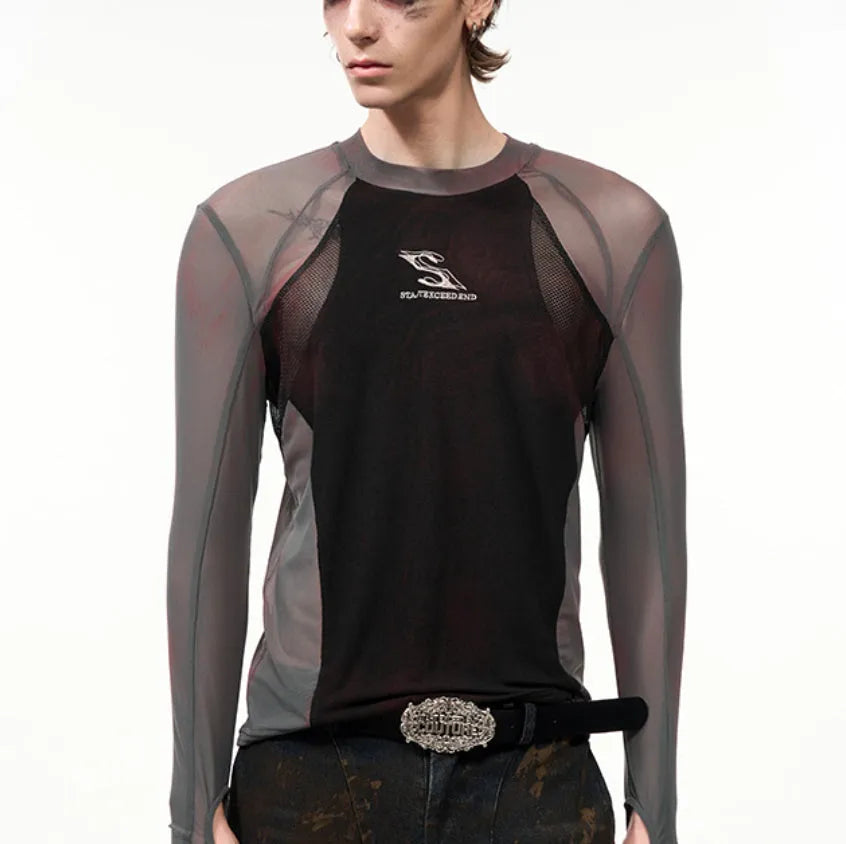 Tight mesh stitching long sleeve top with round neck in picture colour, available in sizes M to XXL