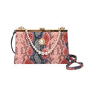 Hard PU evening bag in snake pattern with pearl-chain detail and stitching, available in six colours