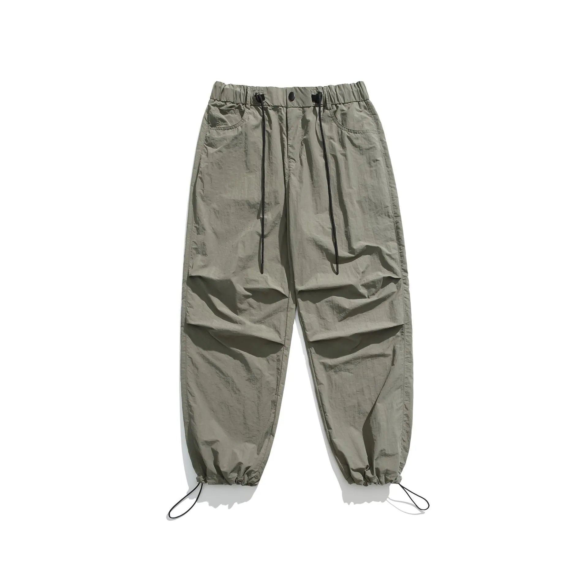 Men's straight-leg casual trousers in lightweight nylon fabric, shown in multiple colour options.