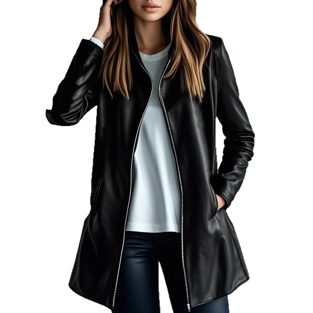 Women's black polyester leather jacket with medium length cut and long sleeves