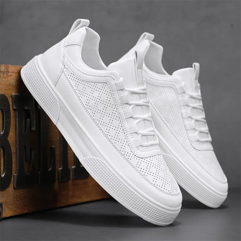 Thick bottom board shoes in white, lace-up low-top casual sneaker with round toe and flat heel, sizes 39-46.