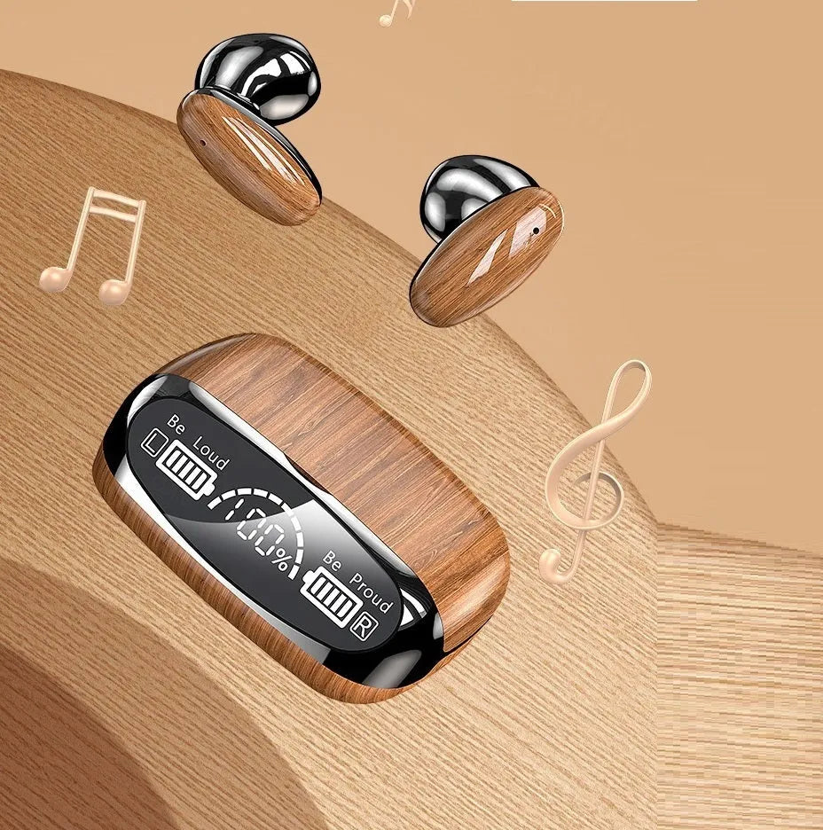 M35 wood grain Bluetooth wireless earphones with charging cabin and accessories