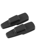 Two black ABS plastic car safety belt stopper clips for universal seatbelt tension adjustment