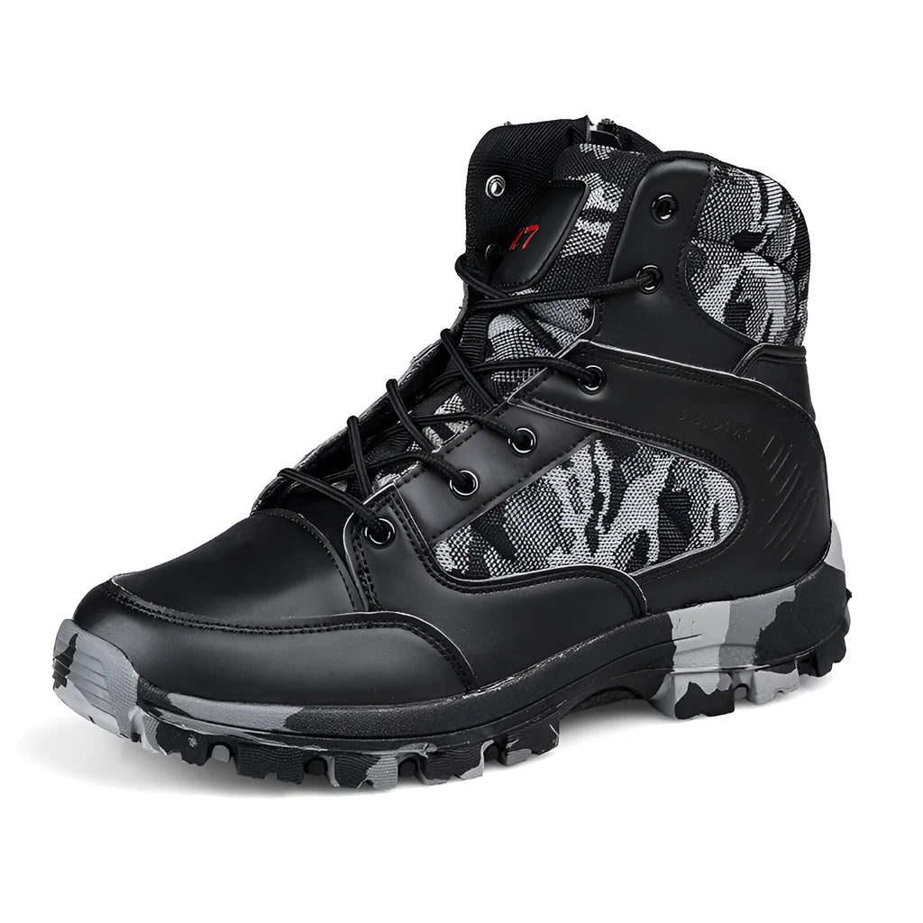 Men's high-top hiking shoes in black camouflage with artificial PU upper and metal hardware.