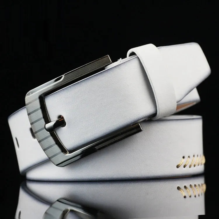 Men's retro threading casual belt with alloy pin buckle on imitation leather