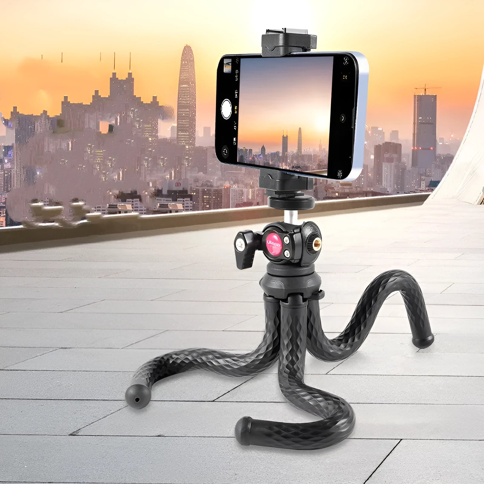 Black octopus leg mobile phone tripod gimbal set with phone clip attached, FT-01 model.
