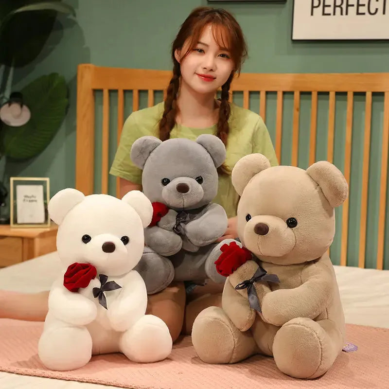 Rose bear plush doll in beige, brown, or grey colour with soft short plush fabric and cartoon design