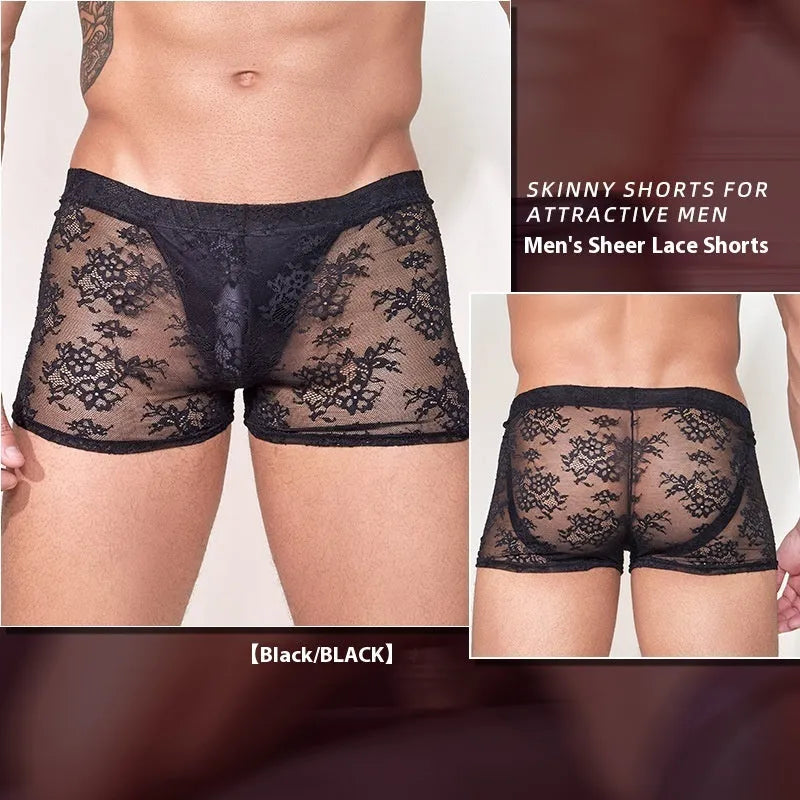 Men's black boxer shorts with a white lace trim detail around the leg openings.