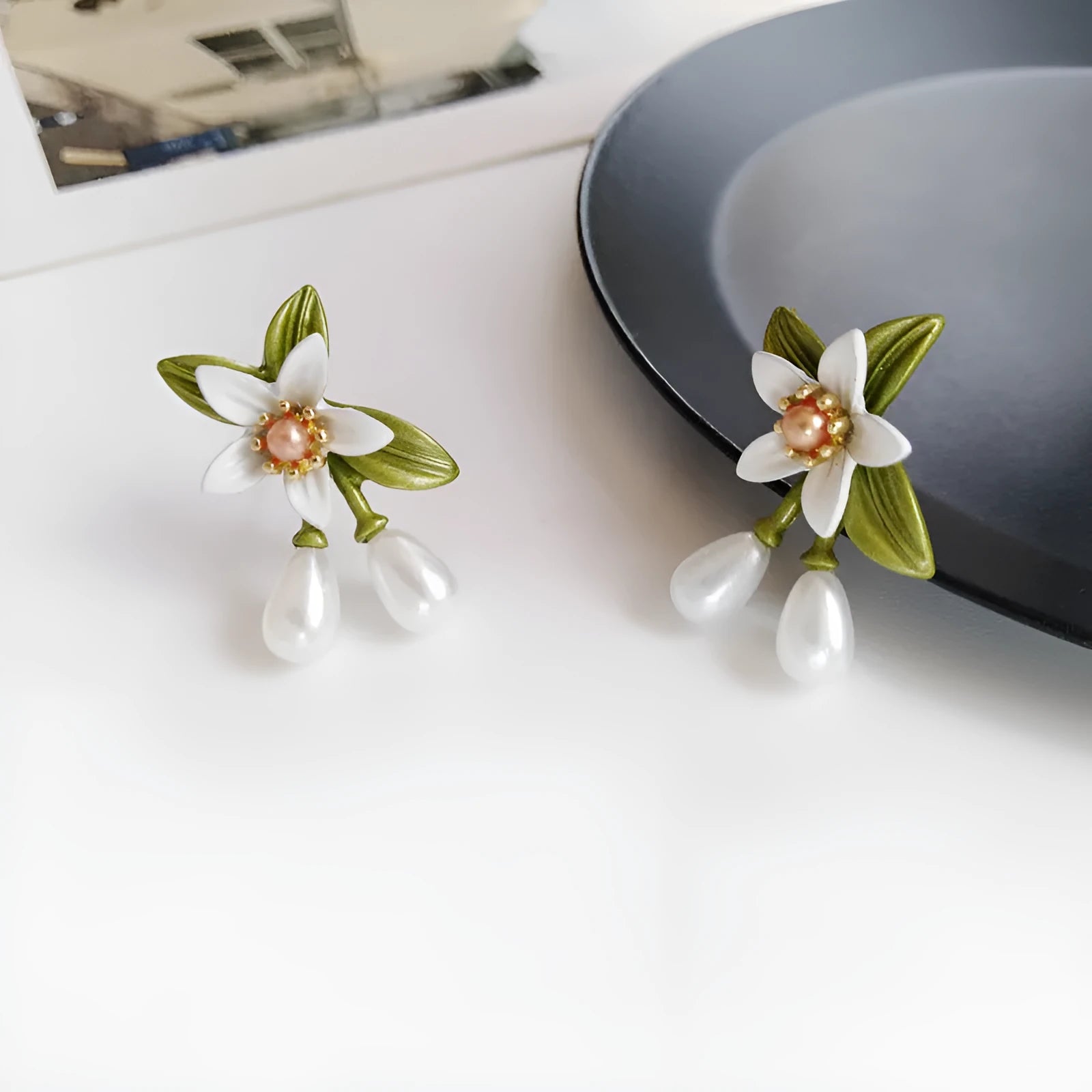 Alloy flower earrings with silver needle camellia detailing and contrasting colours