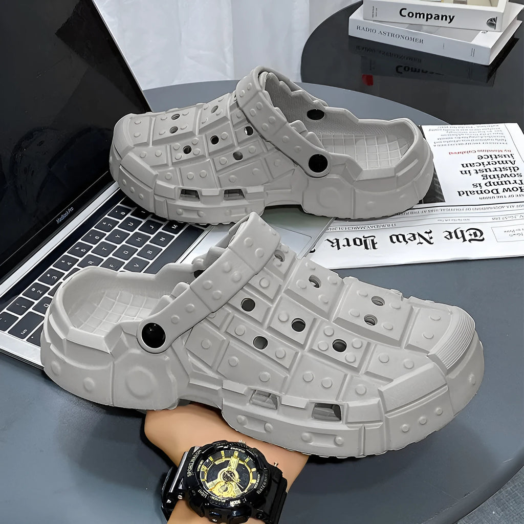 Men's simple EVA sandals in sand colour showing thick sole and toe holder design