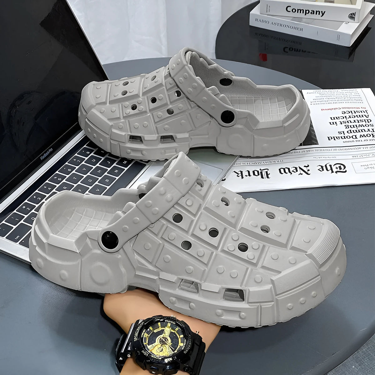 Men's simple EVA sandals in sand colour showing thick sole and toe holder design
