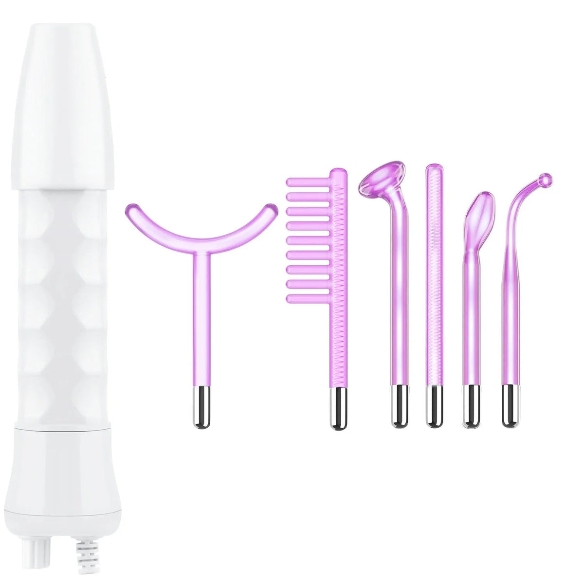 Purple eutic electrotherapy rod with six accessory heads for high-frequency beauty treatments