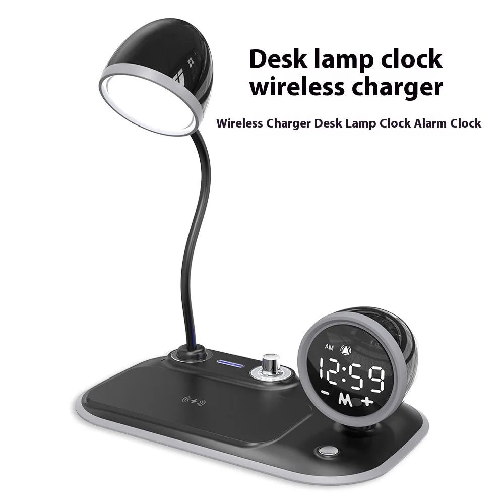 White three-in-one desk lamp with integrated digital clock and wireless charging pad on black desktop