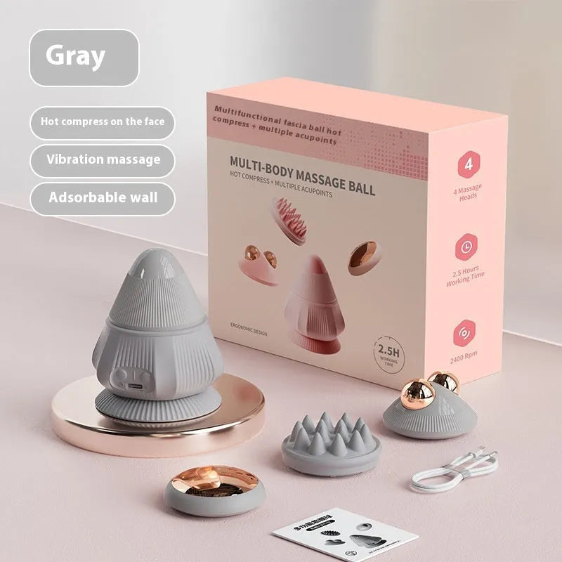 Rechargeable neck massager with multi-head silicone design and hot compress, shown in pink with gift box