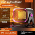 White rotatable desktop PTC ceramic heater showing control buttons and air outlet.