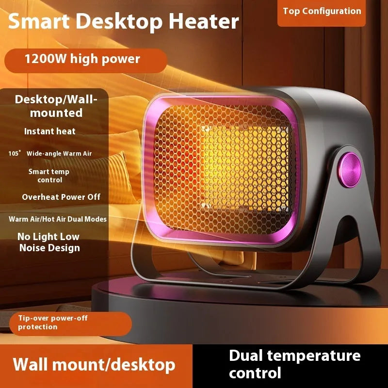 White rotatable desktop PTC ceramic heater showing control buttons and air outlet.