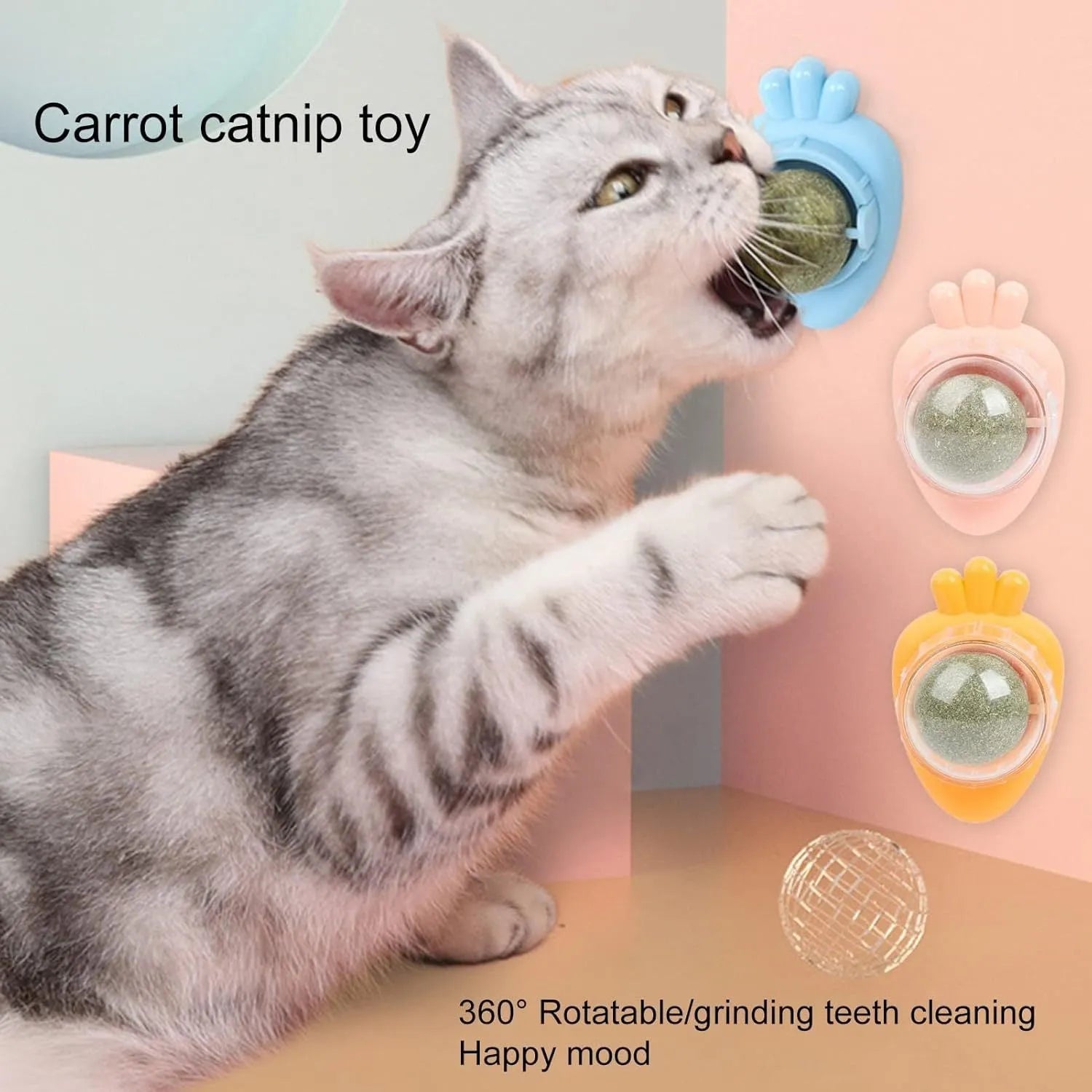 Blue carrot-shaped catnip ball with self-adhesive sticker for wall mounting and cat teeth cleaning