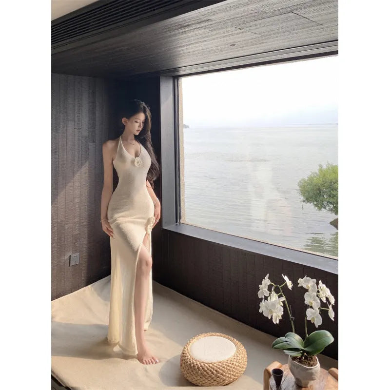 Backless slit strap knit midi dress for women in green or apricot, sleeveless high waist one size
