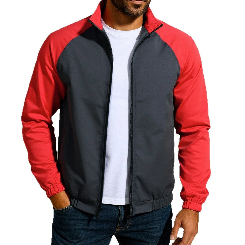 Men's casual jacket with stand collar and contrast colour panels in red, khaki and green, loose fit