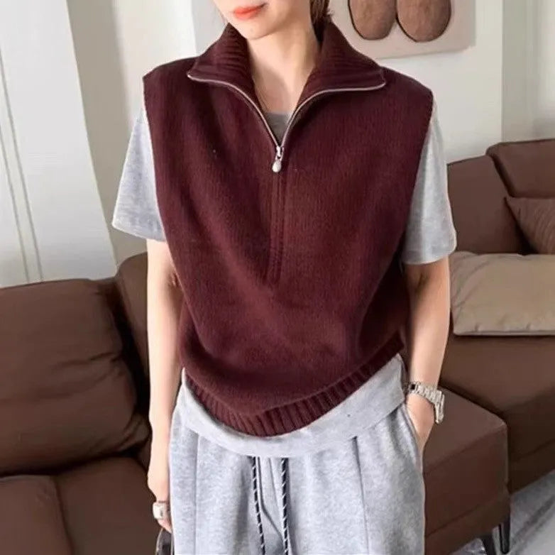 Retro half zipper sleeveless knit vest with 3D pattern in orange polyester mesh fabric