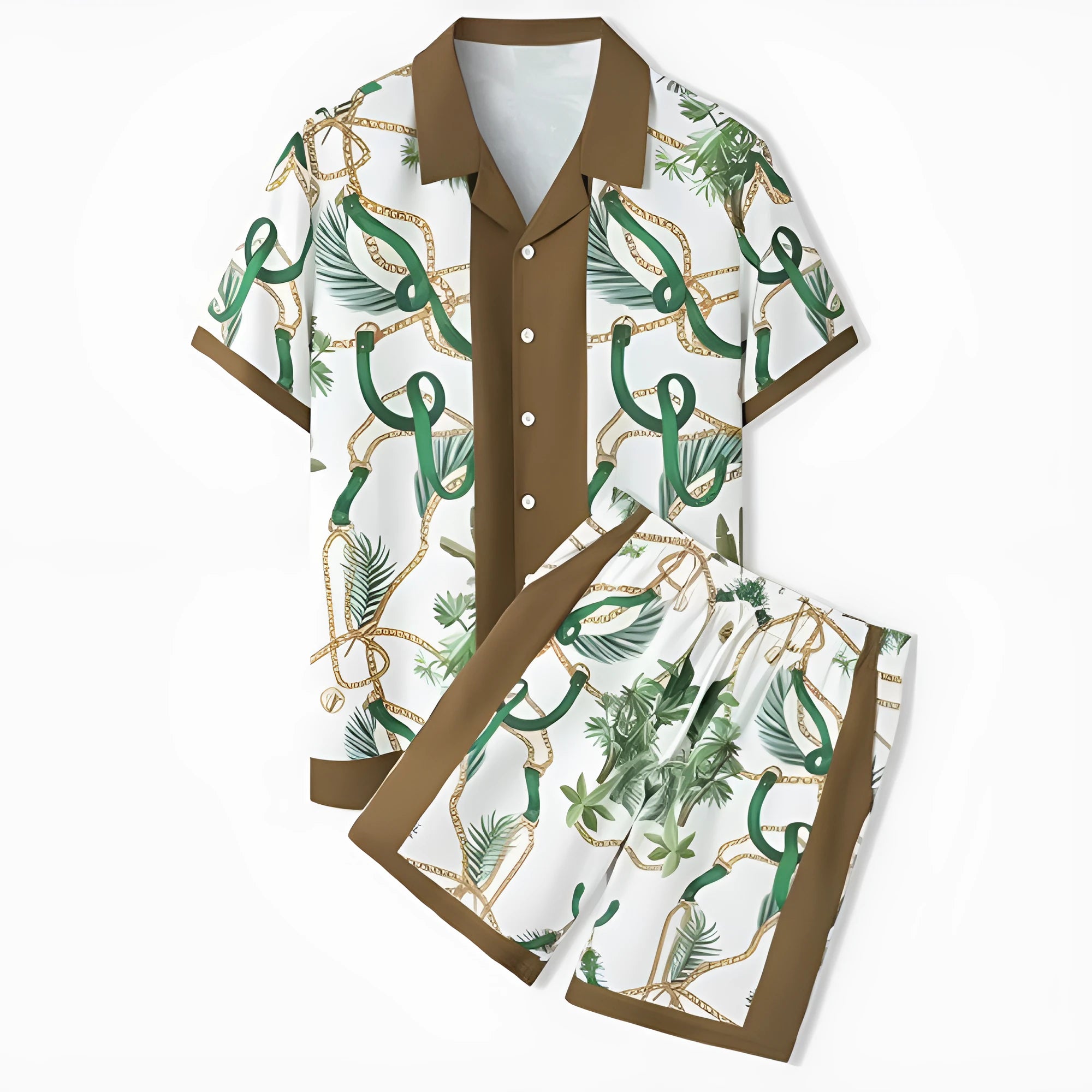 Men's plaid printed beach outfit set showing a short sleeve shirt and matching trousers on a manikin.