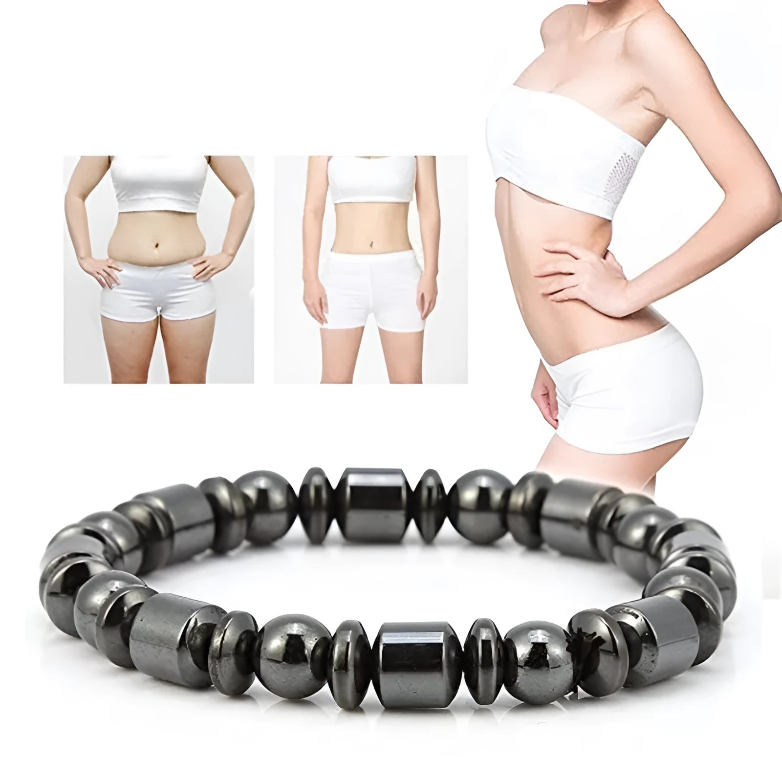 Black pentagram stone magnetic therapy bracelet with magnetite and hematite stretch design
