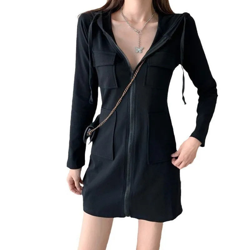 Women's mid-length hooded zip-up sweatshirt dress in 100% polyester, grey black or white, sizes S to 2XL