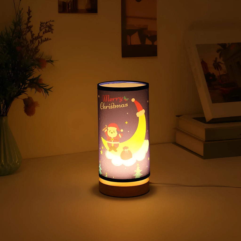 Moon Santa Claus shaped LED night light with a USB cable and bamboo lamp holder base.