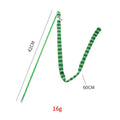 Cat wand toy with long plush strip teaser in green, orange, or rainbow colours.