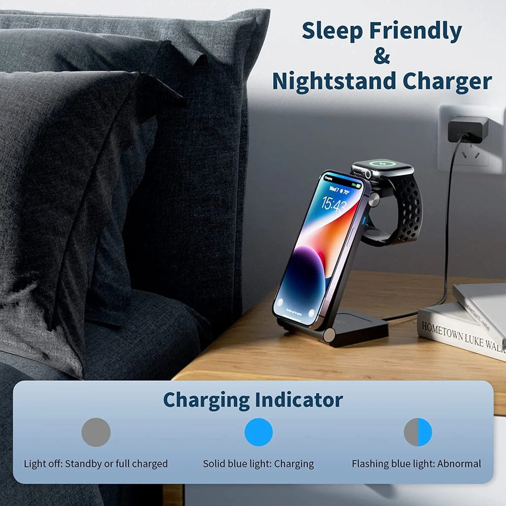 Vertical folding magnetic three-in-one wireless charger in black or white with US charging head and cable