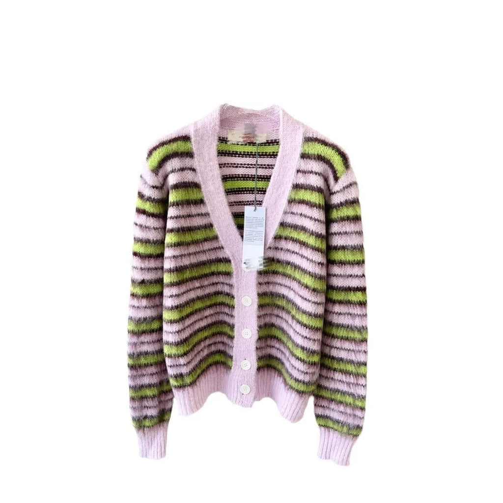 Pink Haima wool knitted cardigan sweater showing round neck pullover and cardigan styling options