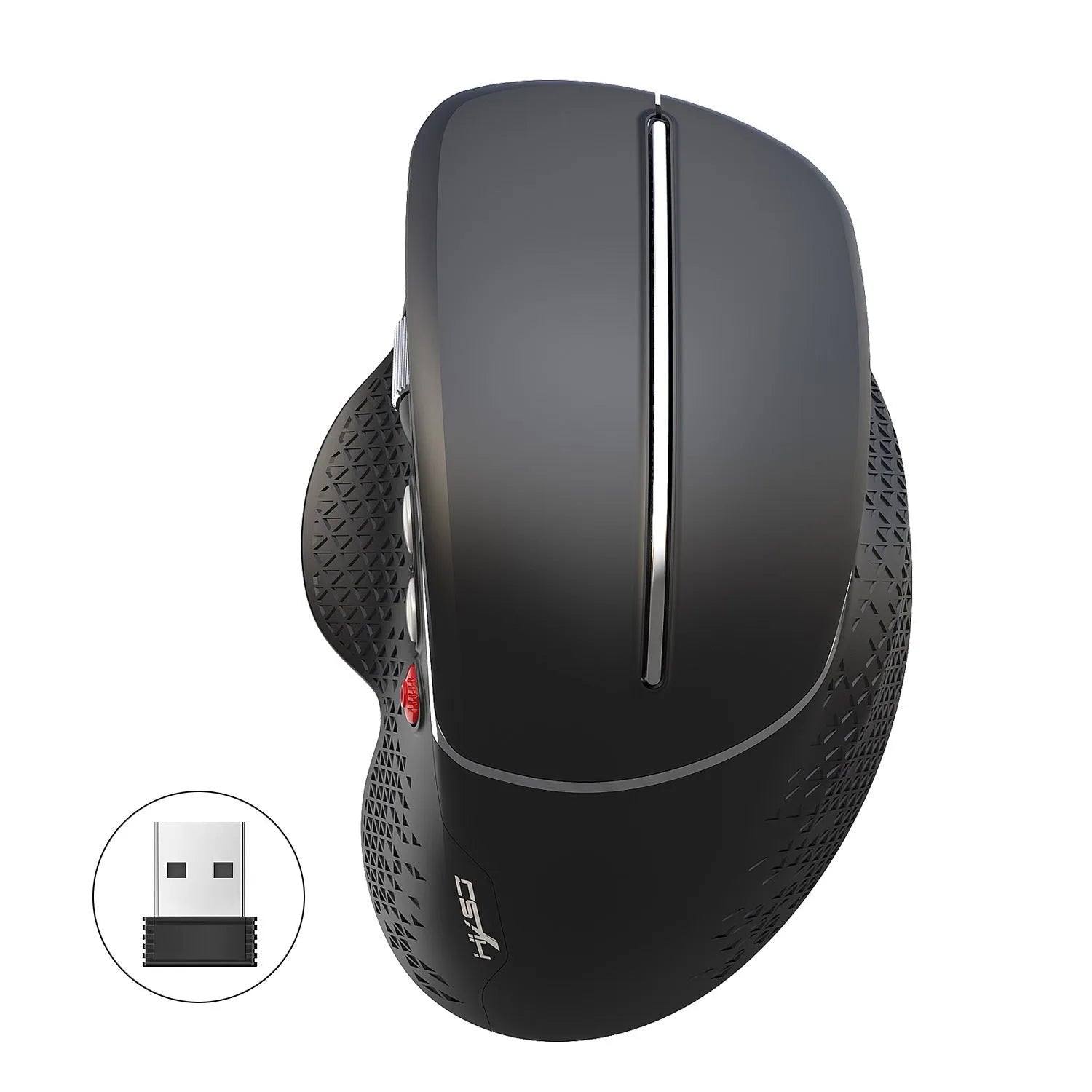 T32 Wireless Vertical Mouse in black or silver matte with aluminium side roller and USB receiver.