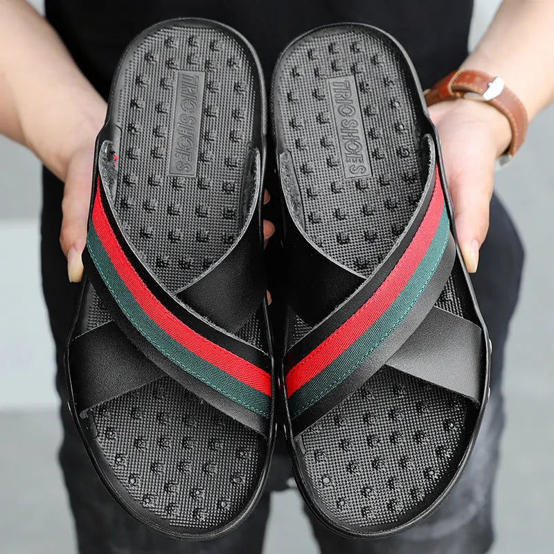 Men's cowhide flip-flop sandals with non-slip PU soles in white, blue, or black colours