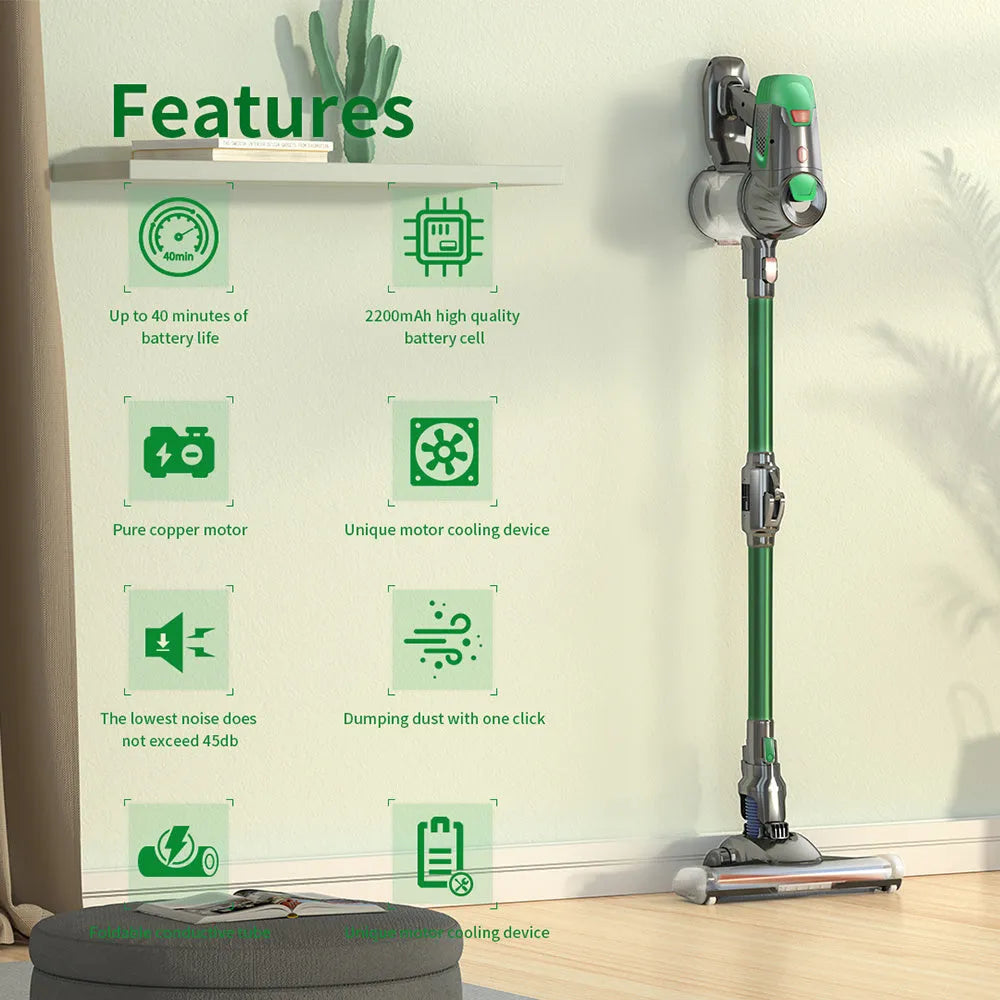 Green handheld wireless vacuum cleaner with foldable tube, LED light, 0.5L dust cup and HEPA filter for car and home