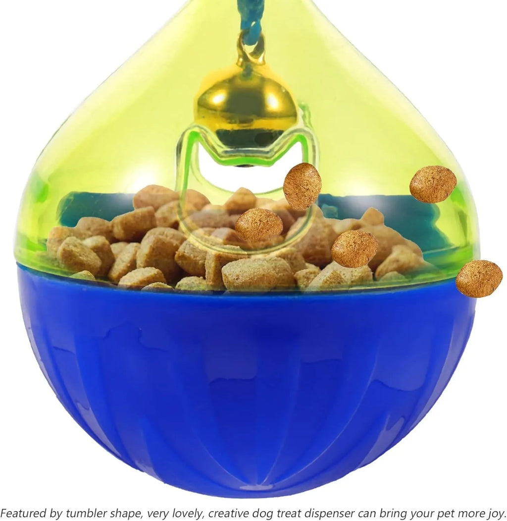 Grey tumbler-shaped interactive pet treat dispenser ball on a wooden floor.