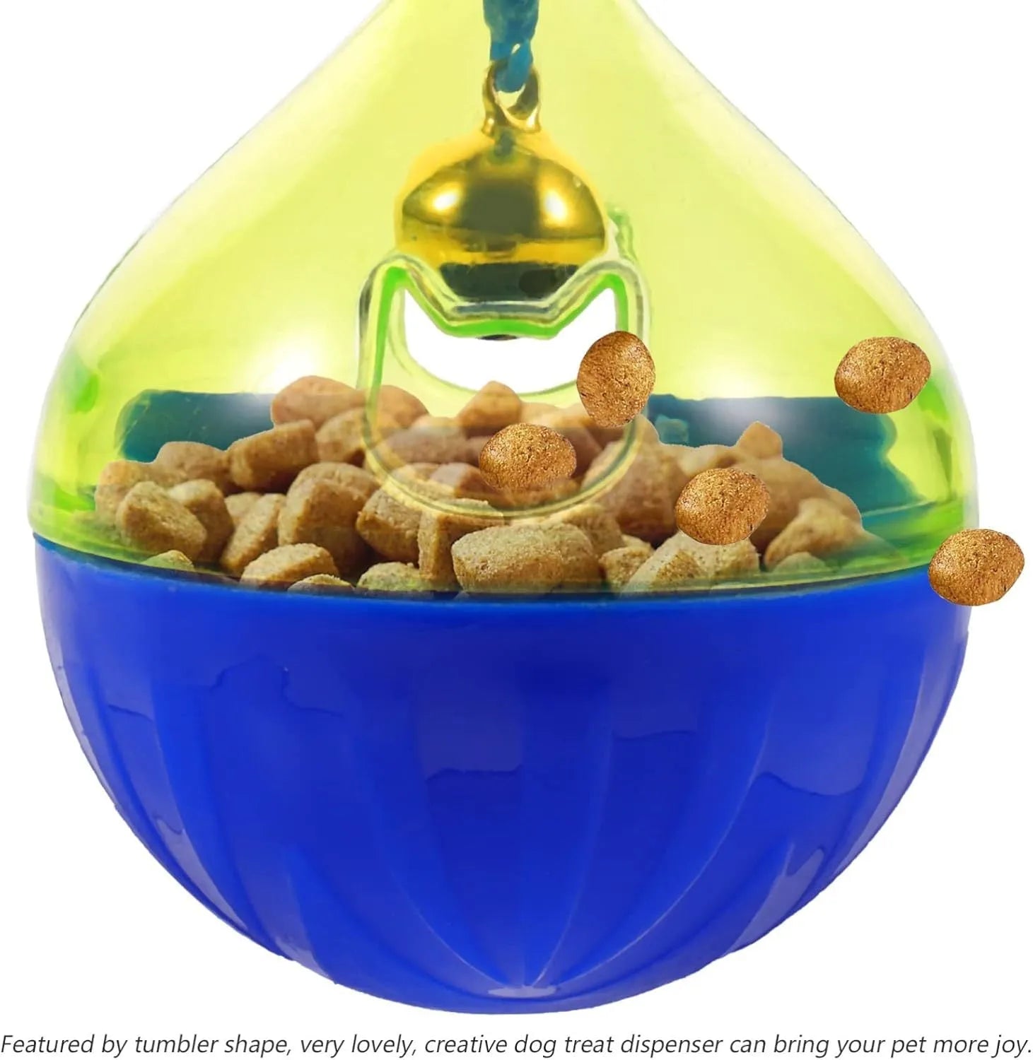 Grey tumbler-shaped interactive pet treat dispenser ball on a wooden floor.