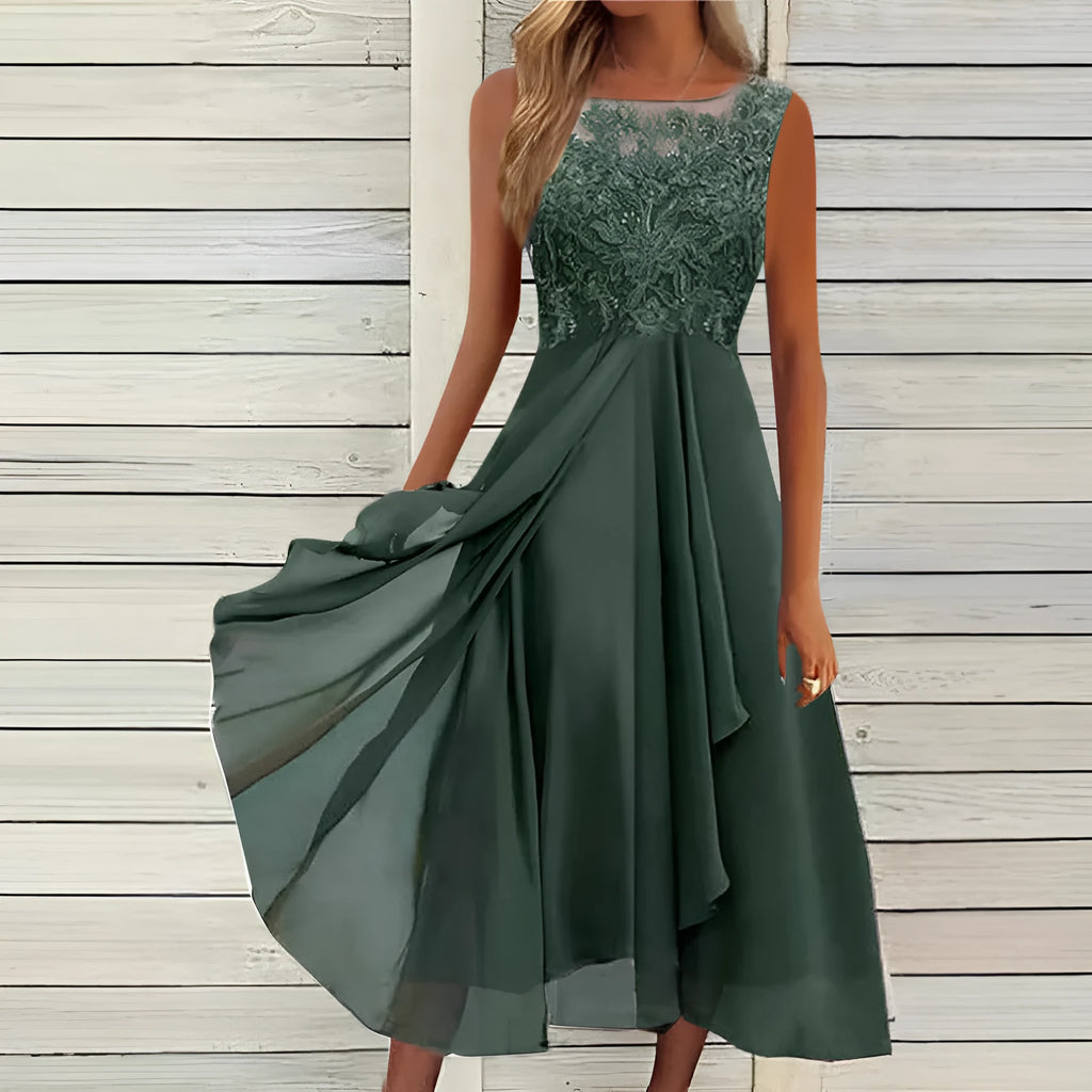 Women's sleeveless chiffon dress with lace stitching detail in green colour