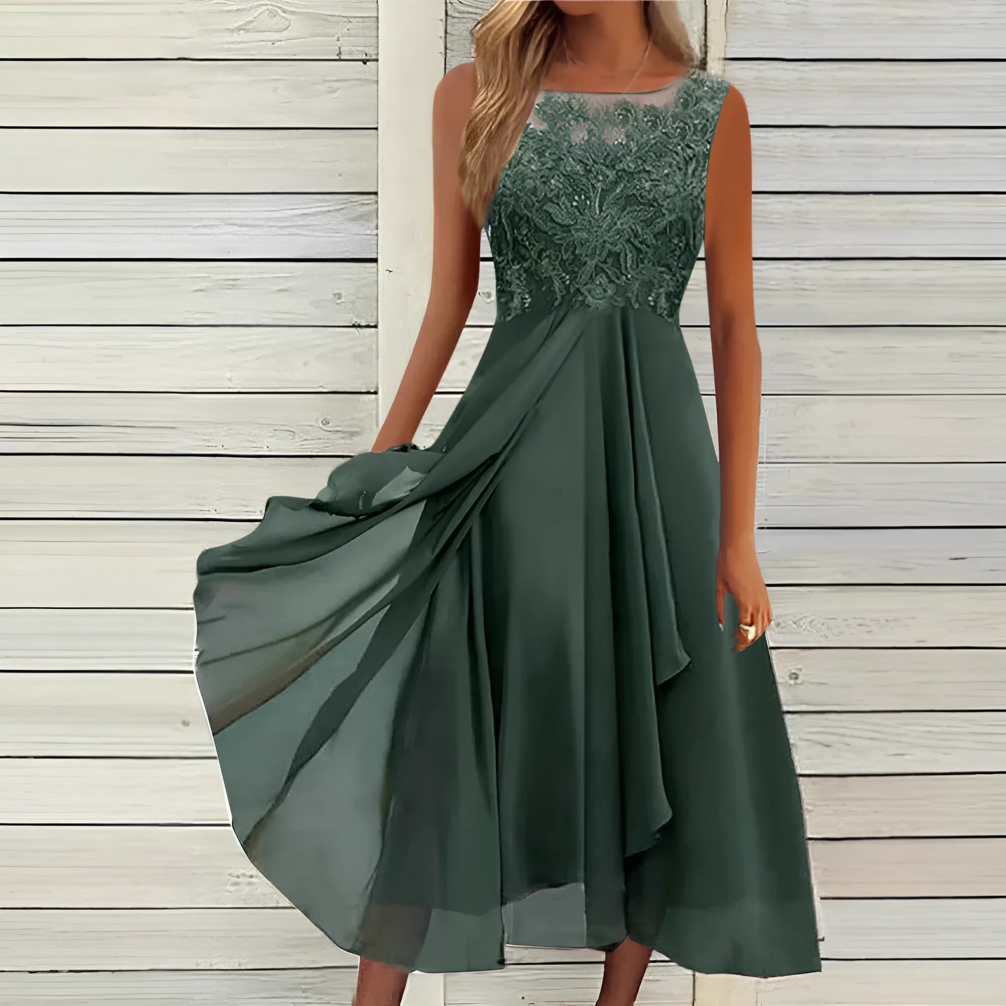 Women's sleeveless chiffon dress with lace stitching detail in green colour