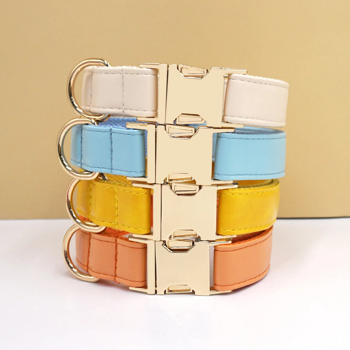 Leather dog collar with colour-block velvet design shown in multiple colour options
