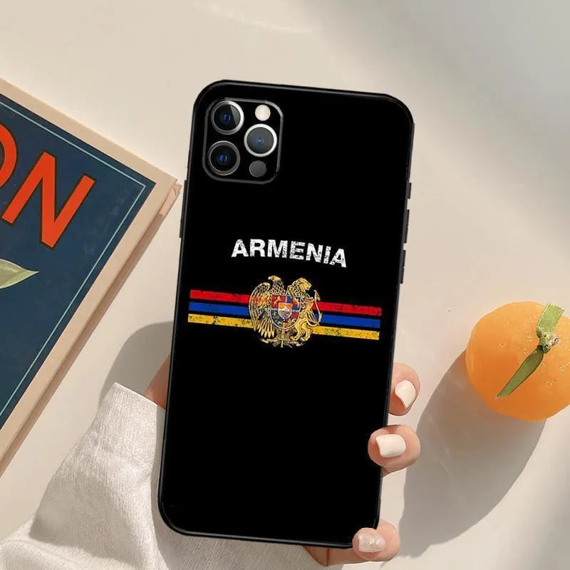 Black TPU soft shell phone case with Armenian flag design, compatible with iPhone 14 series models.