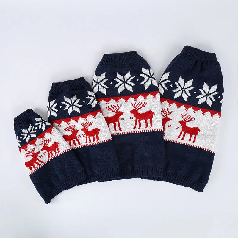 Navy blue knitted Christmas dog jumper on small to medium breed