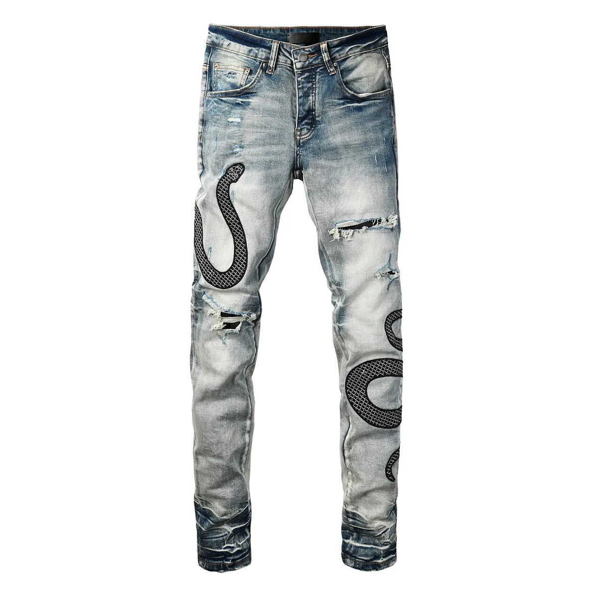 Blue distressed wash skinny jeans with mid waist and skinny leg silhouette