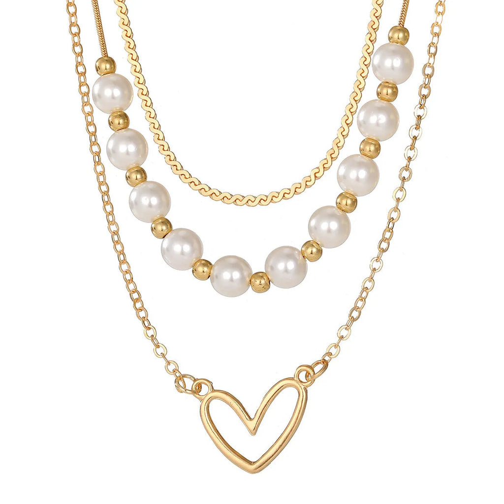 Vintage heart-shaped alloy pendant necklace with metal pearl chain, adjustable 41-50cm length