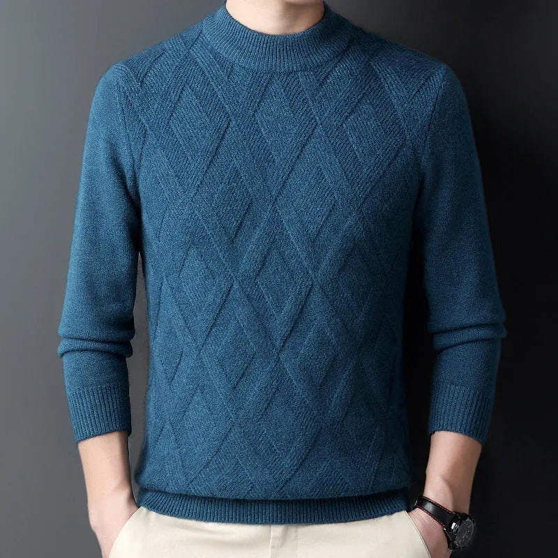 Men's thick wool winter sweater in diamond jacquard pattern with pullover design