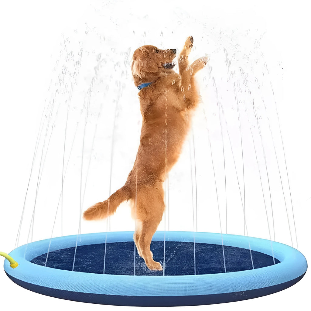 Anti-slip dog splash pad and swimming mat outdoor toy in a garden setting.