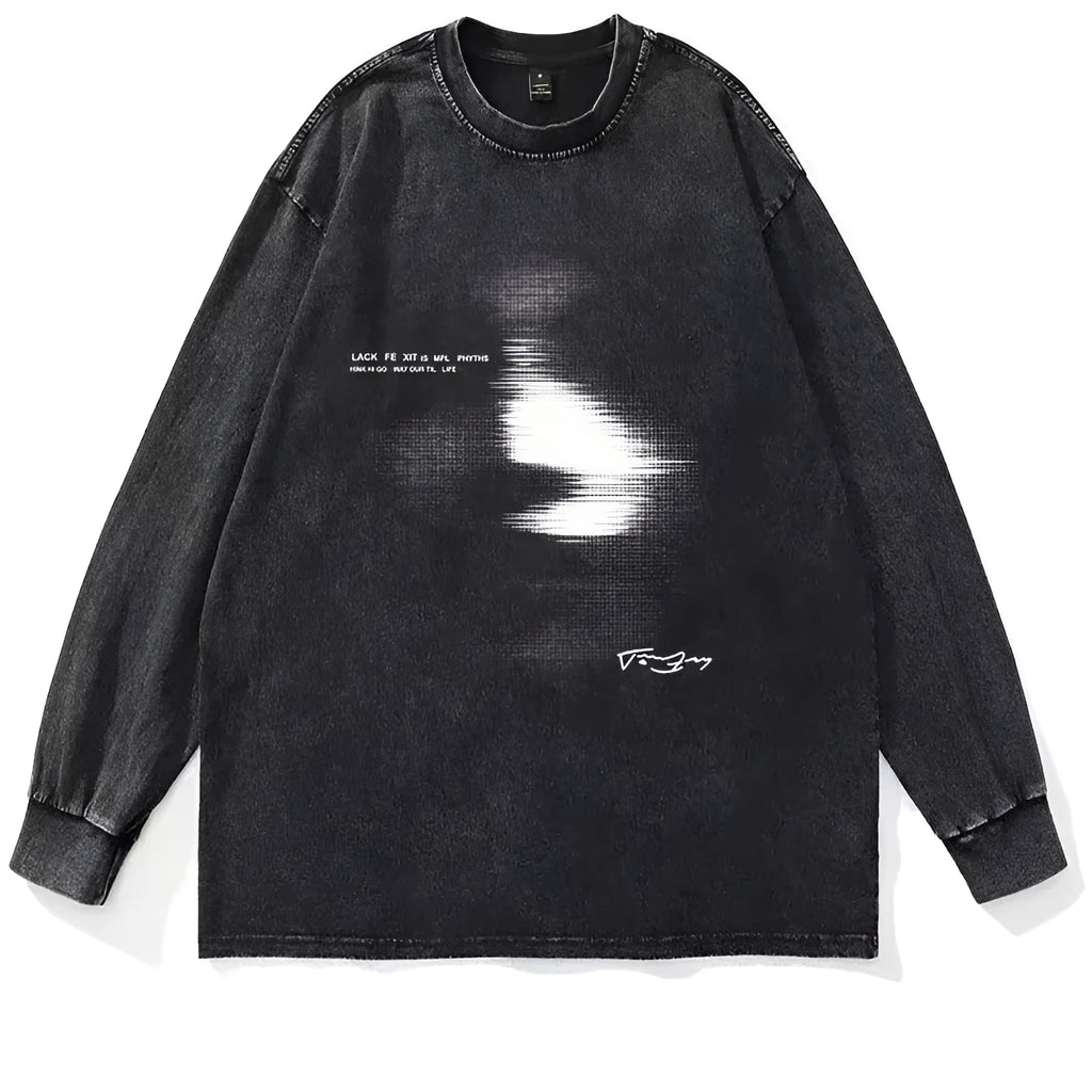 American style distressed 230g heavy cotton long sleeve T-shirt, loose fit, round neck, character pattern, men's sizes M-XXXL
